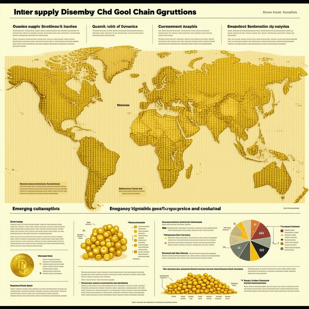 Infographic illustrating gold supply disruptions, sentiment analysis, currency market dynamics, and digital currency impact on gold demand