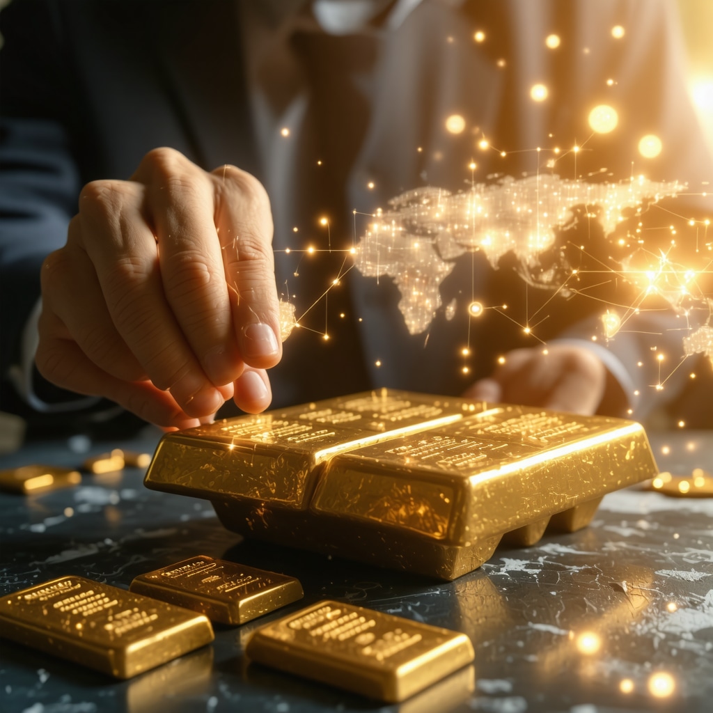 Investor analyzing physical gold bars with blockchain digital authentication overlay graphics