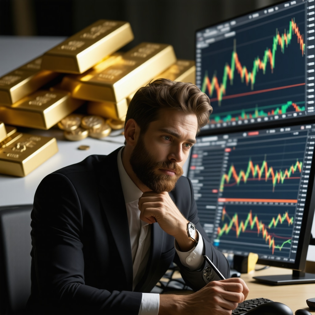 Investor analyzing gold ETF charts with gold bars and ethical investment icons