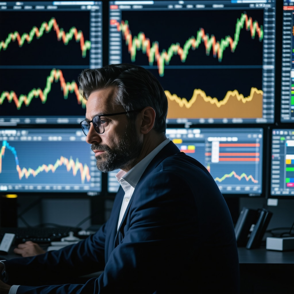 Investor monitoring Gold ETF prices with economic charts on multiple screens