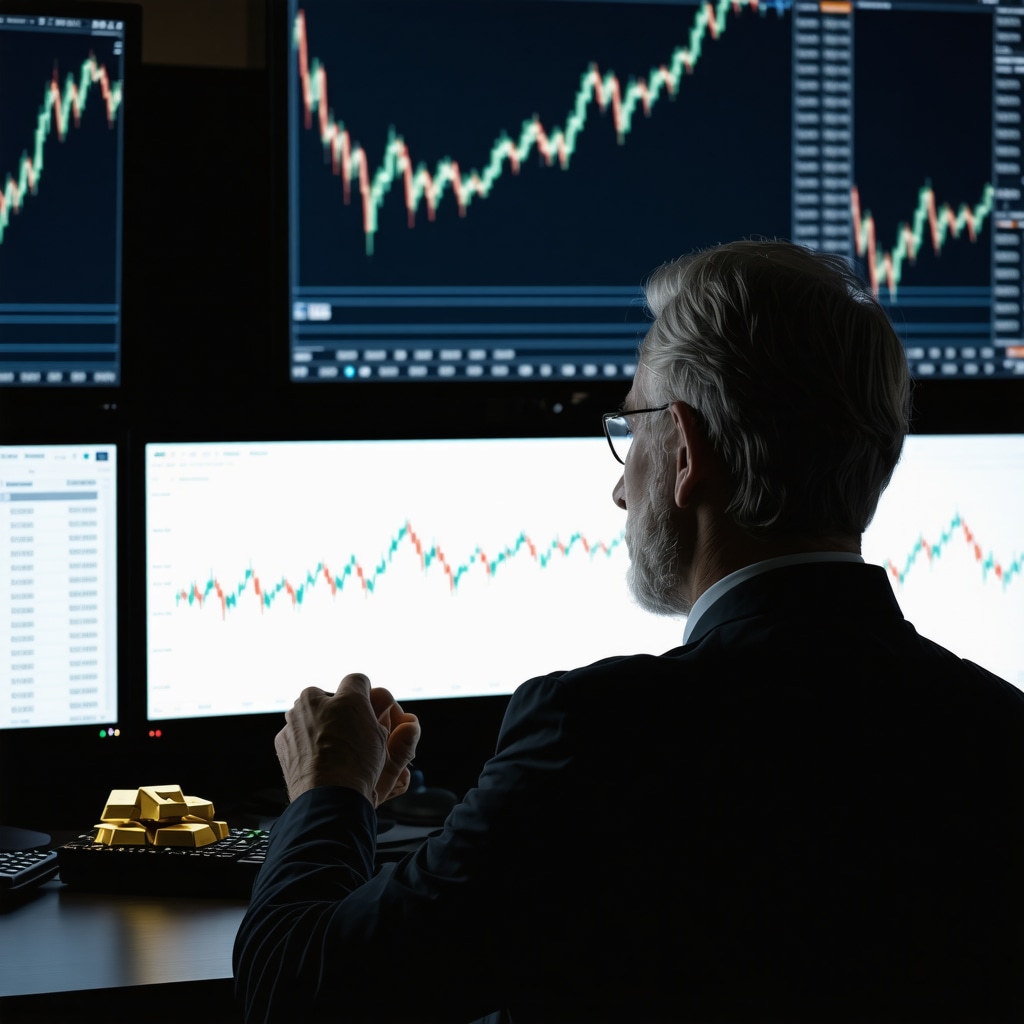 Investor reviewing gold ETFs, mutual funds, physical gold, and data charts on multiple screens