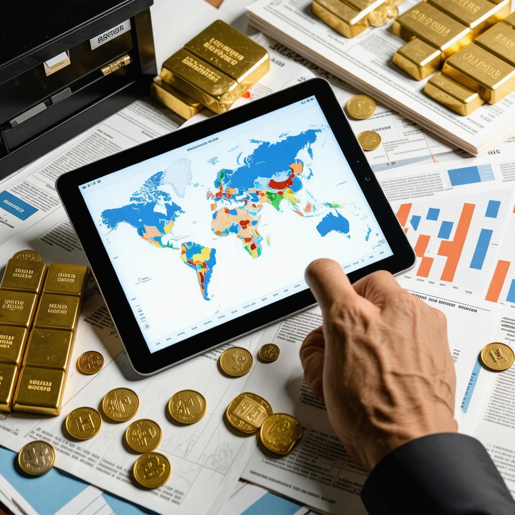 Investor examining gold market charts with gold bars and coins on desk