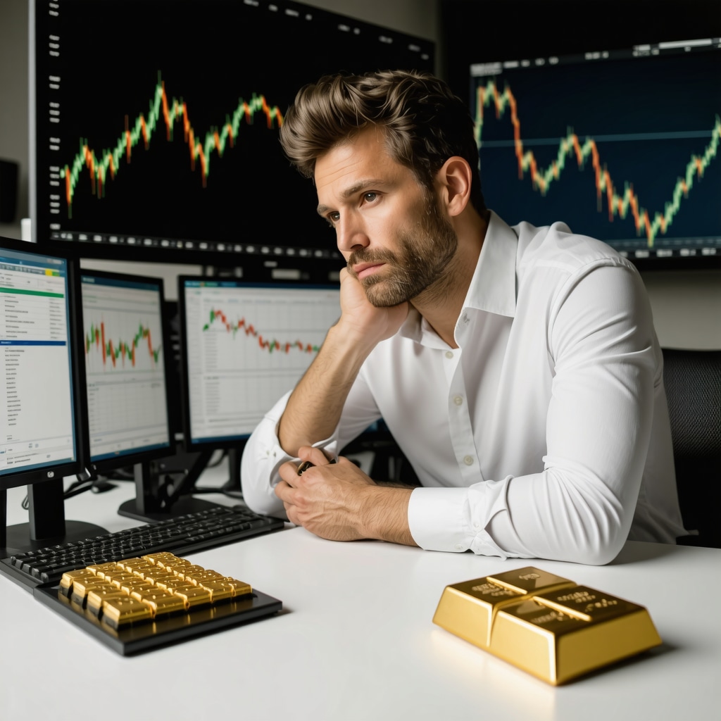 Investor studying gold price charts and economic indicators alongside physical gold bars