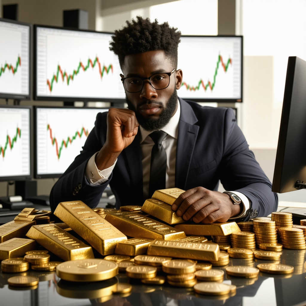 Investor analyzing gold futures charts with physical gold bars and coins