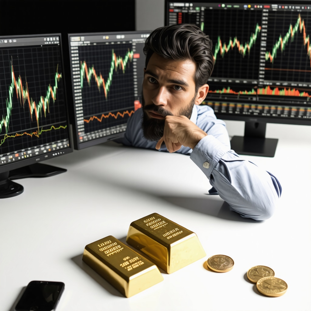 Investor analyzing gold mining stocks and physical gold assets