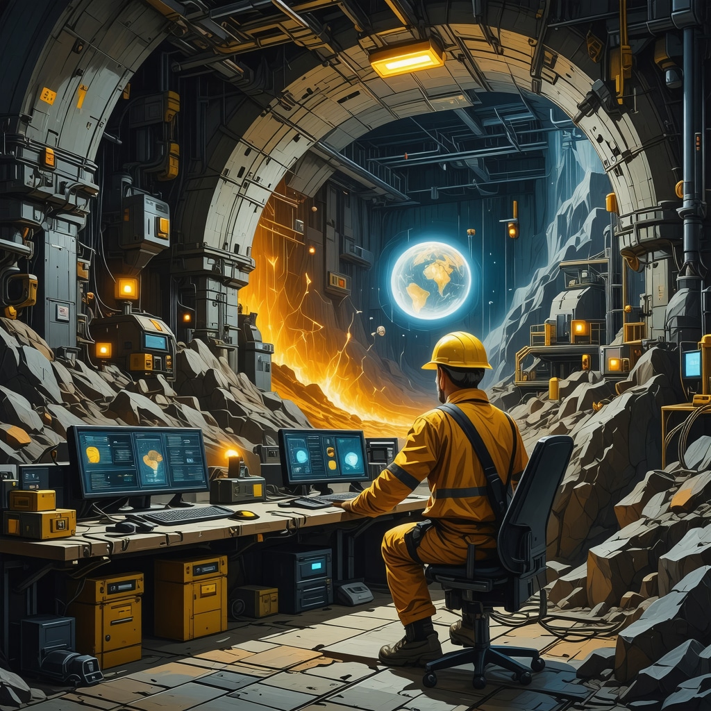 Illustration showing a technologically advanced gold mining site with AI, automation, blockchain, and ESG monitoring systems