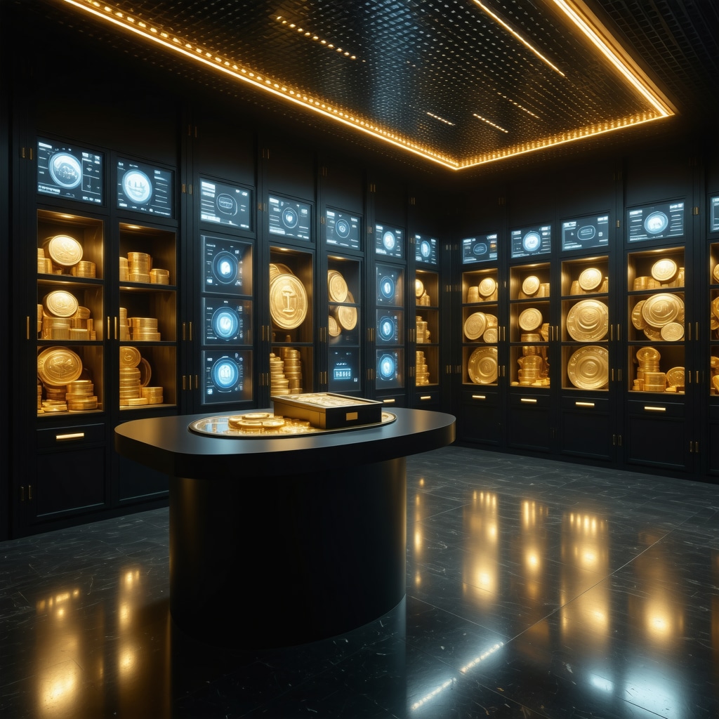 Secure vault room with biometric access and digital screens showing gold coin inventory and environmental controls