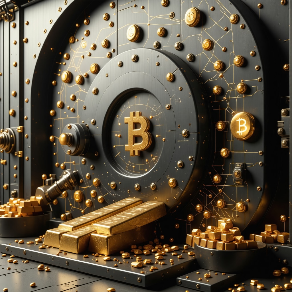 Image showing physical gold bars with digital tokens and blockchain network graphics representing advanced gold custody