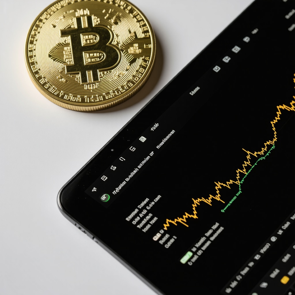 Rare gold coin next to a digital tablet showing blockchain ledger for authentication