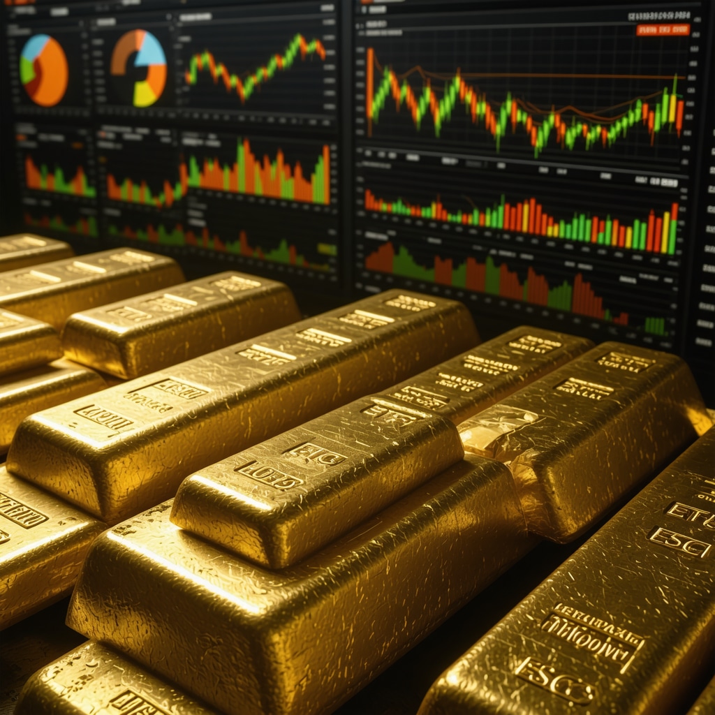 Digital dashboard showing live analytics on gold market sentiment, ETF flows, and ESG certifications
