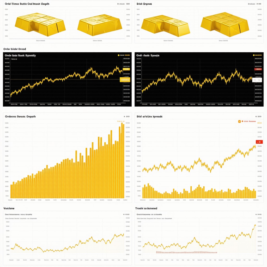 Digital dashboard displaying gold market liquidity analytics with gold bars and blockchain icons