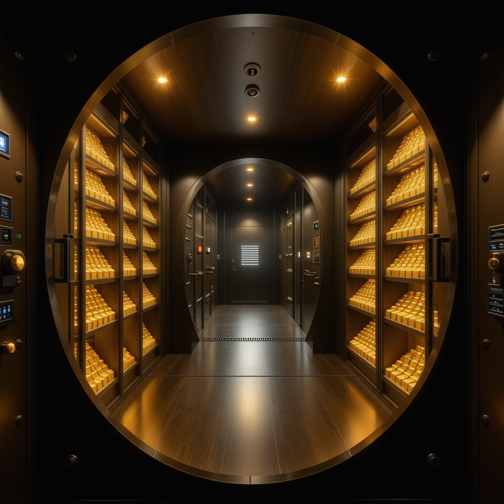 Interior of a smart vault featuring IoT sensors, biometric access controls, and gold bars securely stored