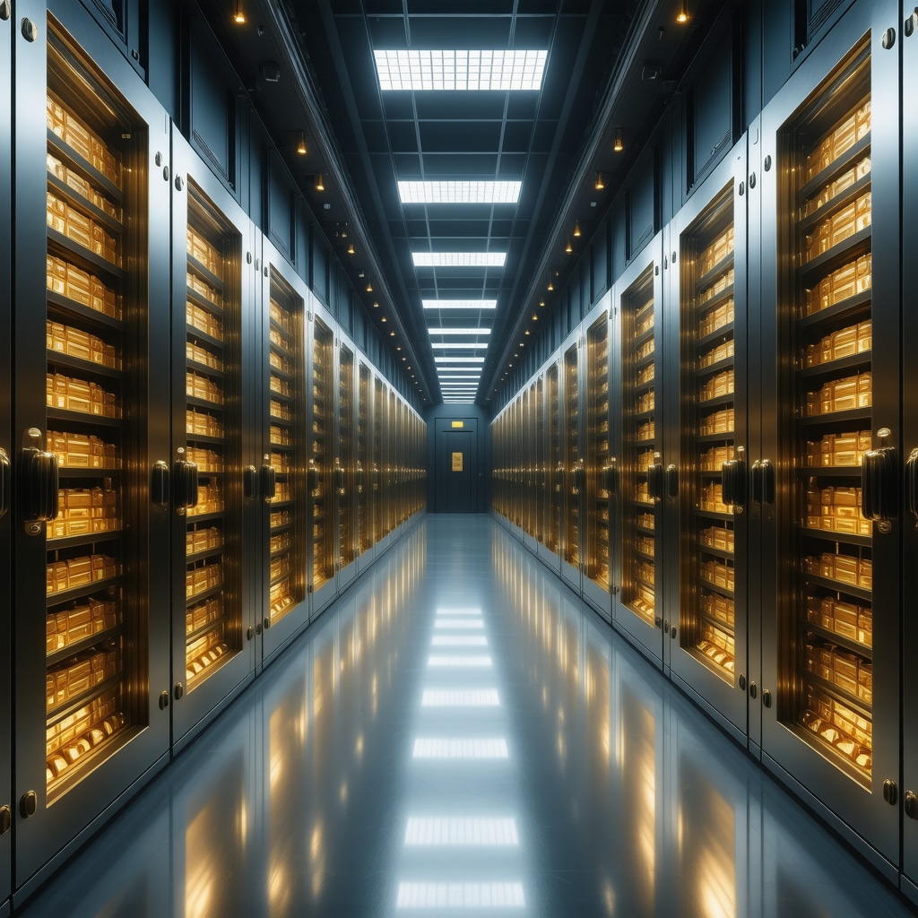 Interior of a high-security bullion vault showing biometric access controls and allocated gold bars in compartments