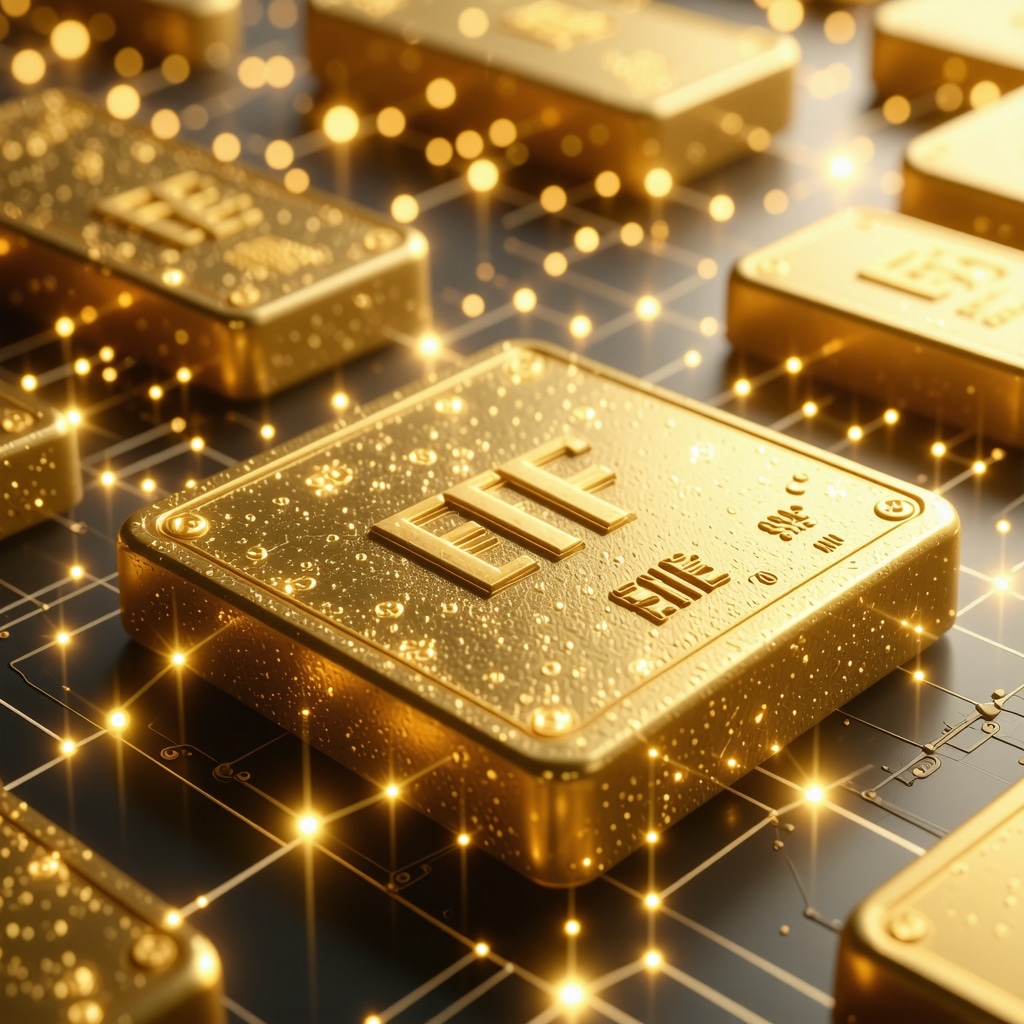 Digital gold ETF tokens connected in a blockchain network with gold bars background