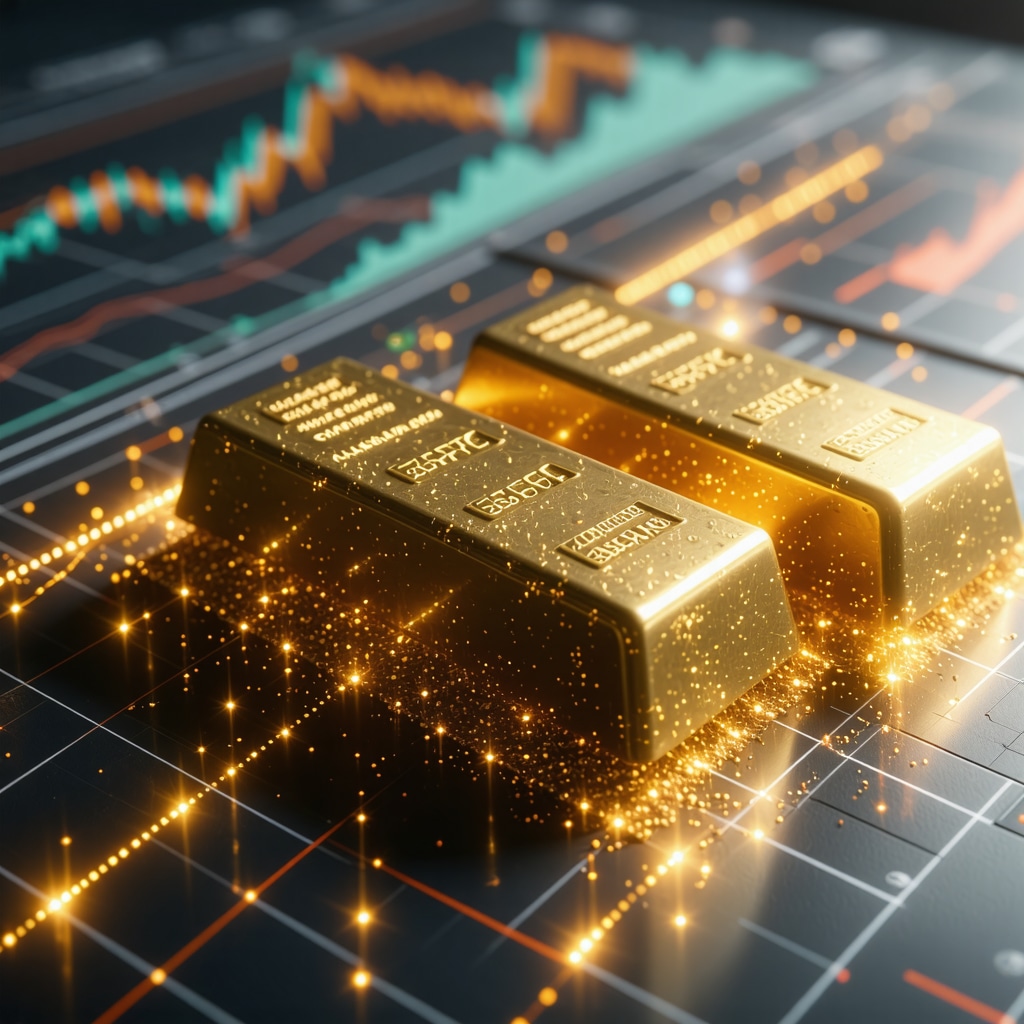 Digital illustration of gold bars transitioning into blockchain tokens with financial analytics overlay