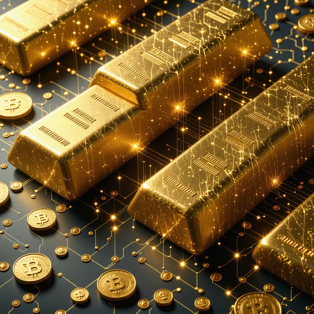 Blockchain tokens overlaid on physical gold bars representing tokenized gold investment