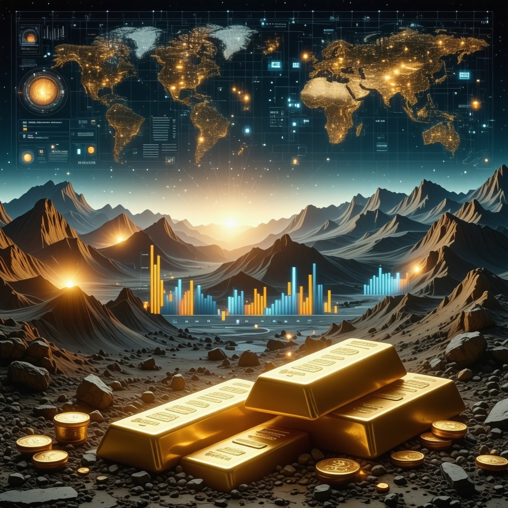 Futuristic dashboard showing AI and ESG analytics applied to gold investment with mining imagery and blockchain symbols