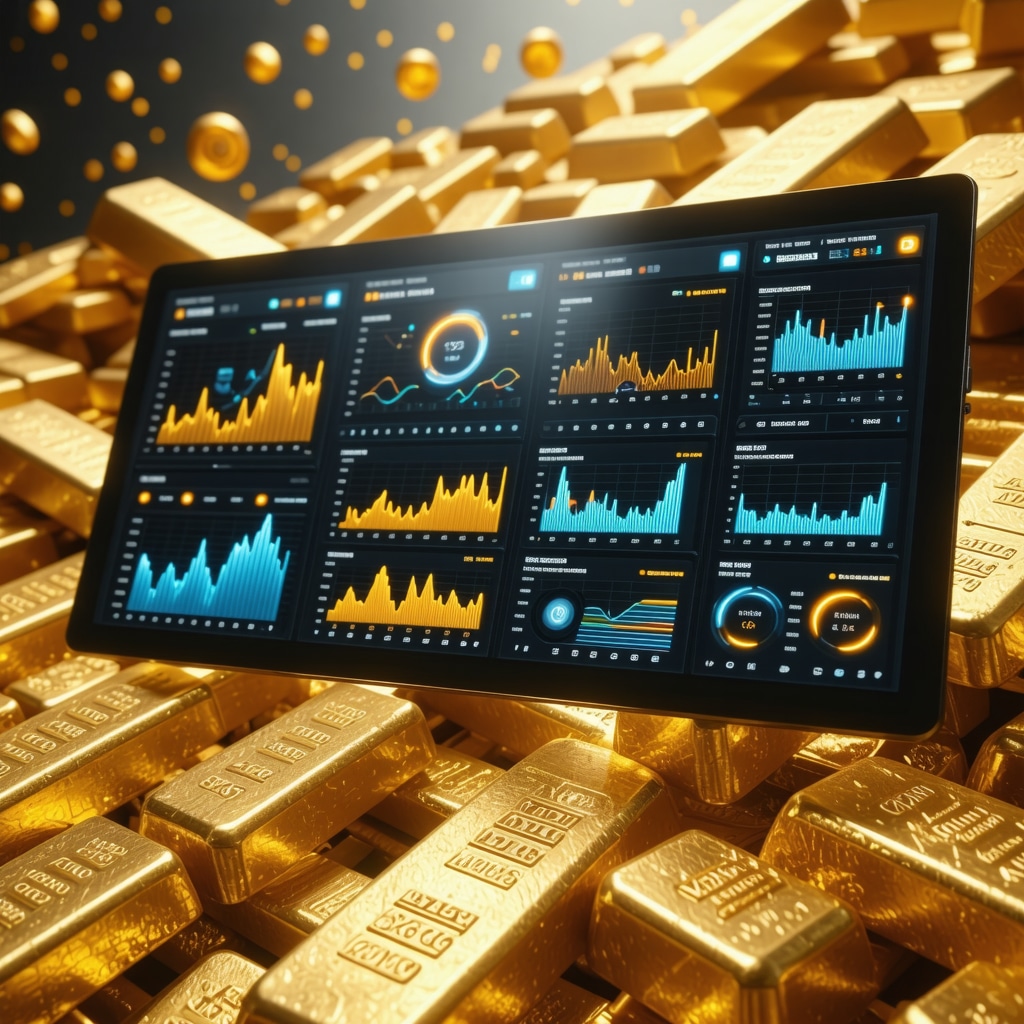 Futuristic digital dashboard showing AI analytics for gold ETF portfolio, ESG metrics, macroeconomic data, and CBDC impact visuals