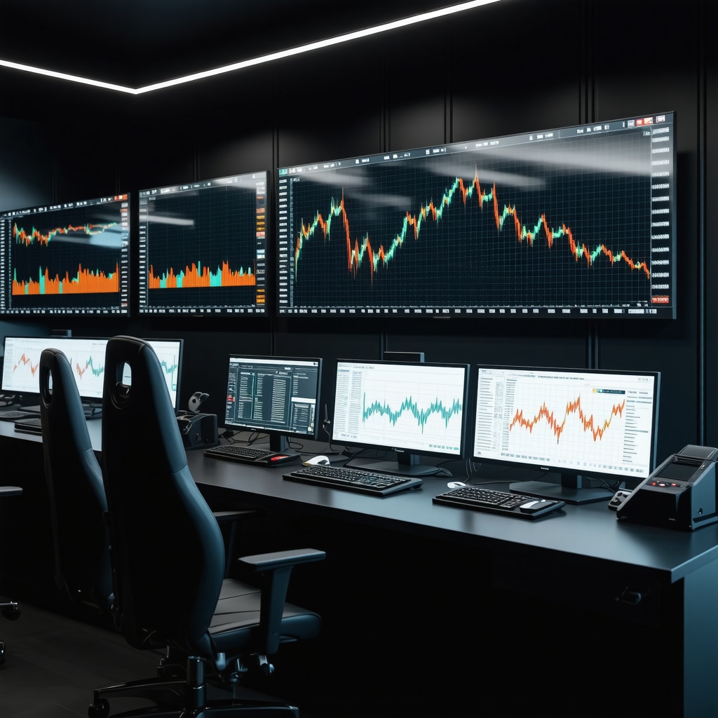 Trading desk with AI analytics and gold futures price charts on screens