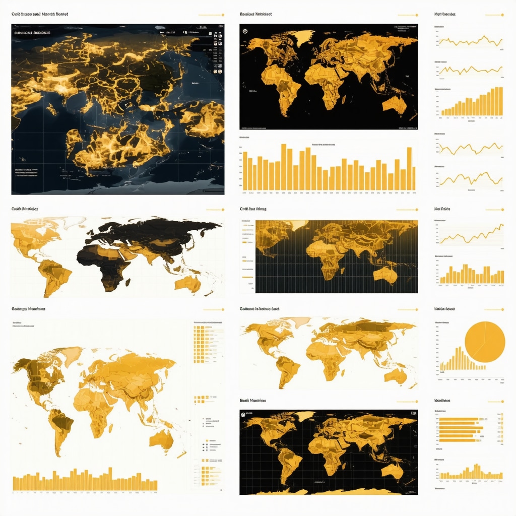 Futuristic dashboard showing AI-based gold market data, satellite mining imagery, and geopolitical maps