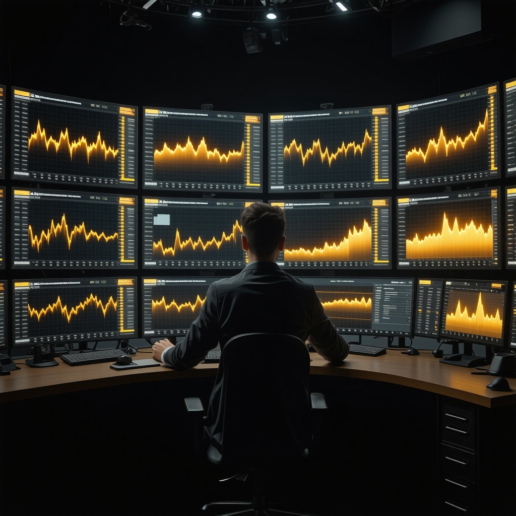 High-tech trading setup showing AI analytics and blockchain data for gold market