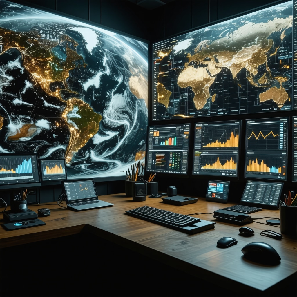Futuristic trading interface showing gold market order book, AI predictions, satellite images, and ESG dashboards