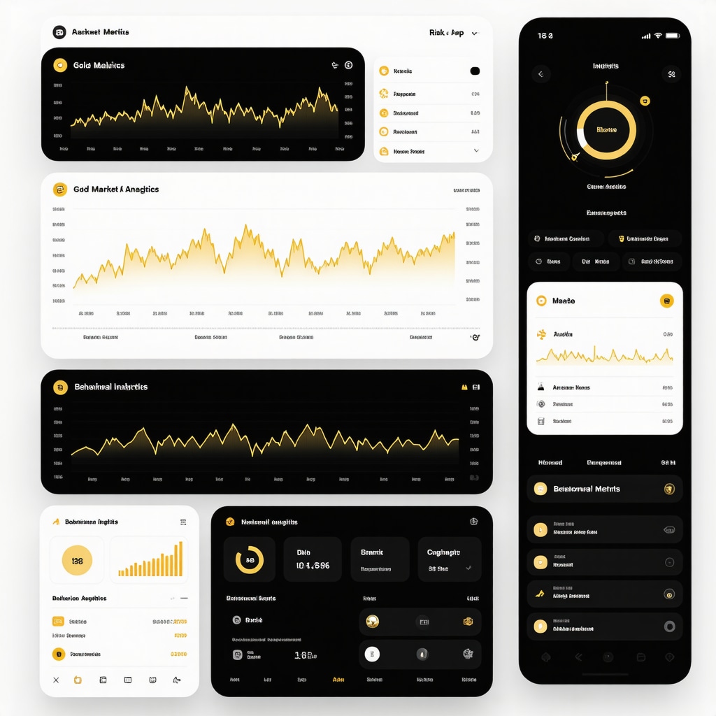 Mobile app interface displaying AI analytics, risk management tools, and behavioral insights for gold trading