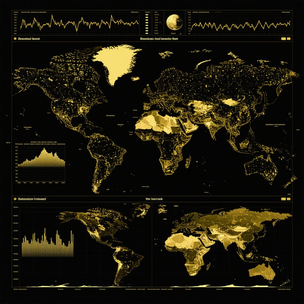 Digital dashboard showing AI analytics, sentiment graphs, and supply chain maps related to gold market investing