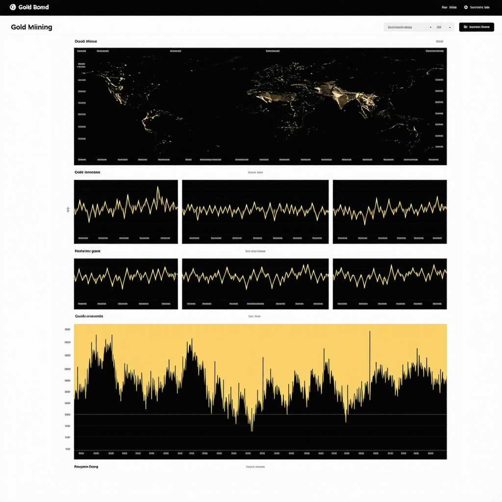 Digital dashboard showcasing AI-driven analytics for gold mining stocks with charts and satellite data