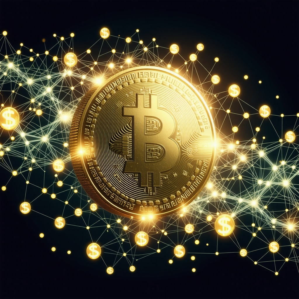 Digital illustration of gold coin with currency symbols and AI neural network overlay