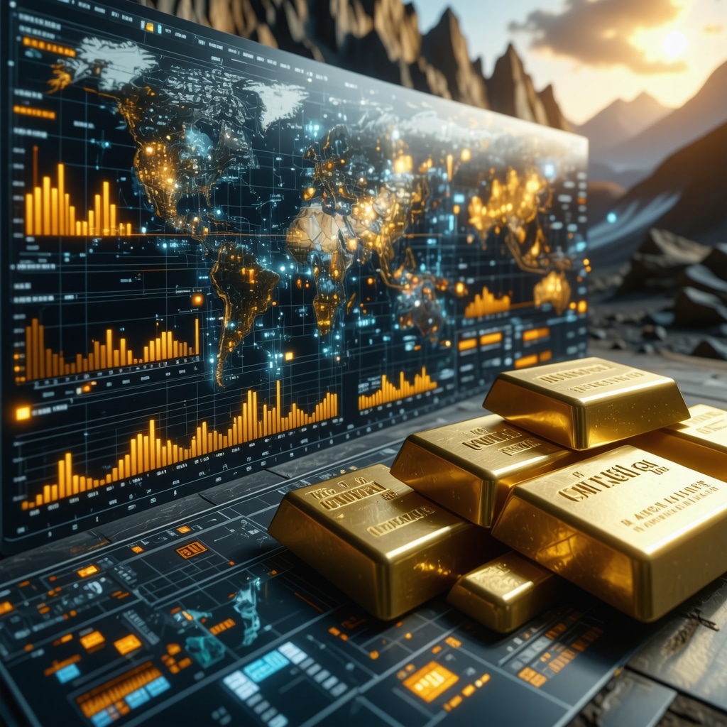 Digital dashboard showing AI analytics, ESG scores, and gold mining visuals