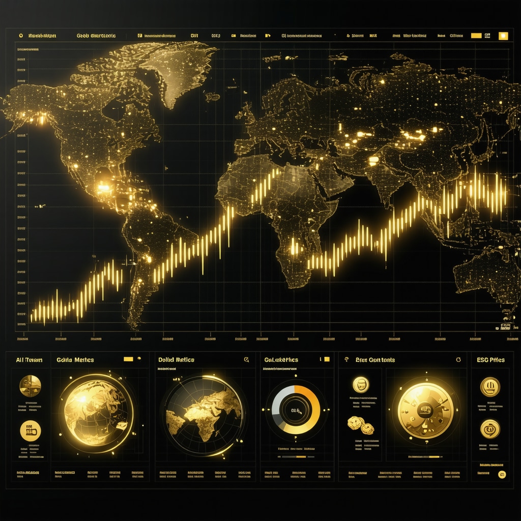 Digital dashboard overlay showing AI analytics, ESG metrics, and gold trading data for 2025 investment strategies