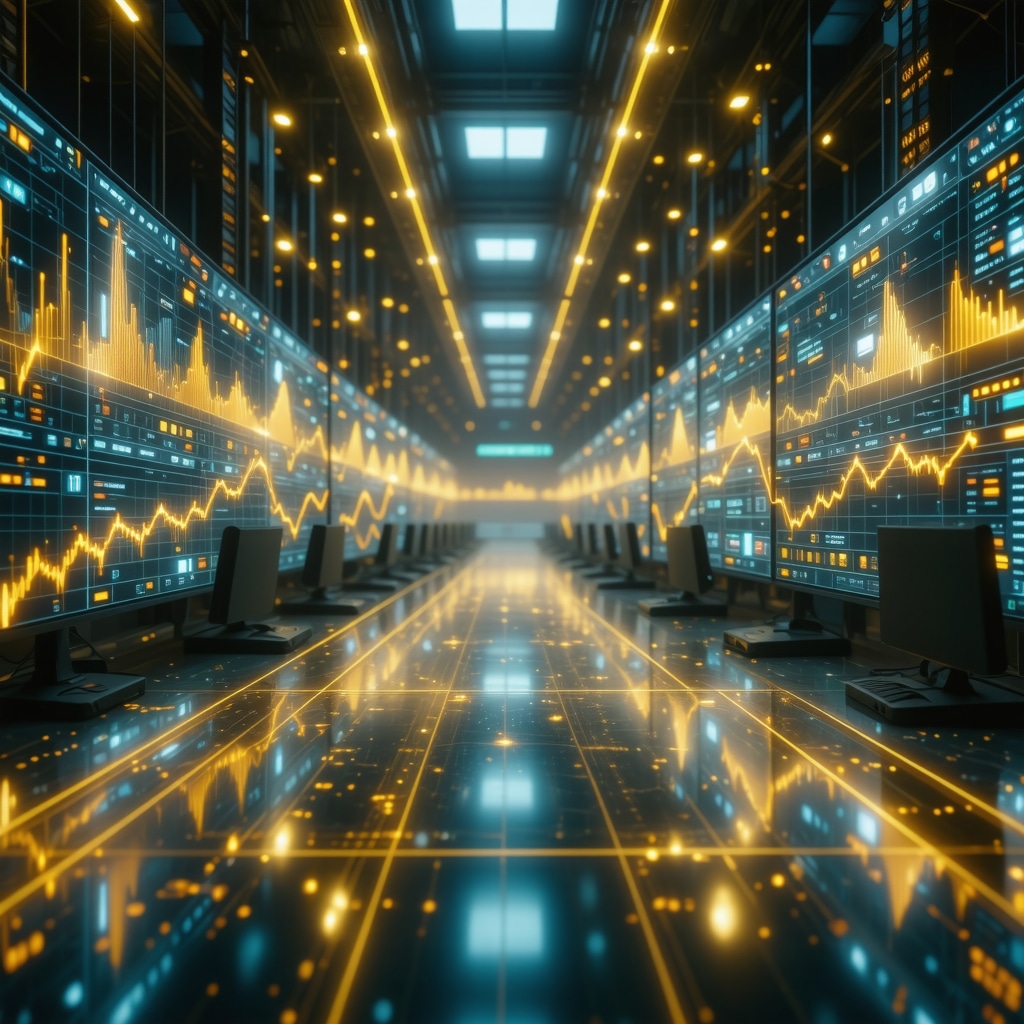 Futuristic trading setup showing AI-driven gold price analytics and ESG data visualization