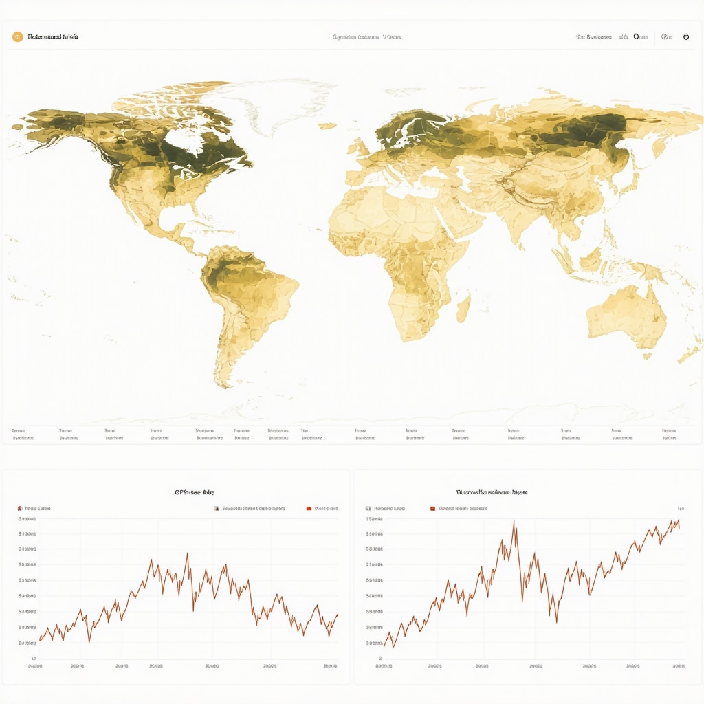 Digital dashboard showing AI-driven gold price forecasts with geopolitical risk maps and scenario analysis charts