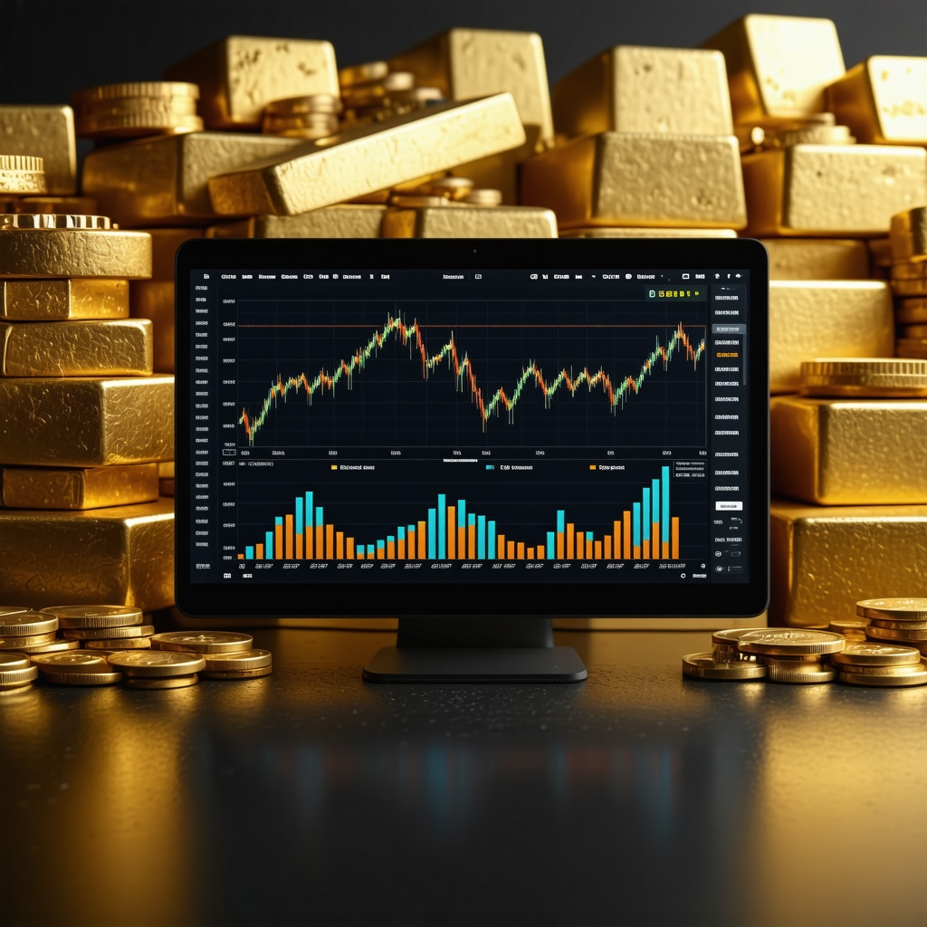 Digital dashboard showing gold market data, blockchain verification, and portfolio segmentation with physical gold bars and coins in background