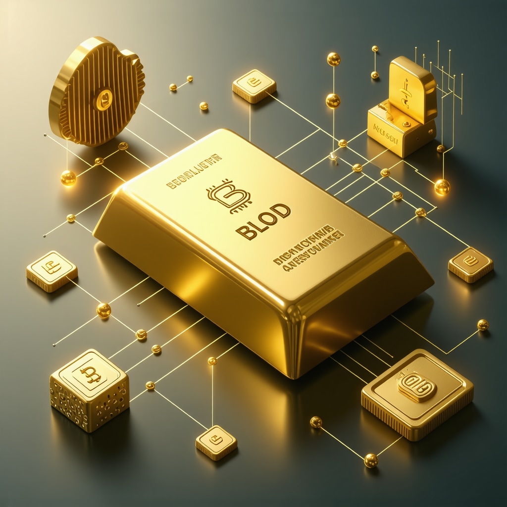 Infographic showing blockchain, AI spectrometry, and regulatory icons surrounding a gold bar symbolizing advanced gold investment security
