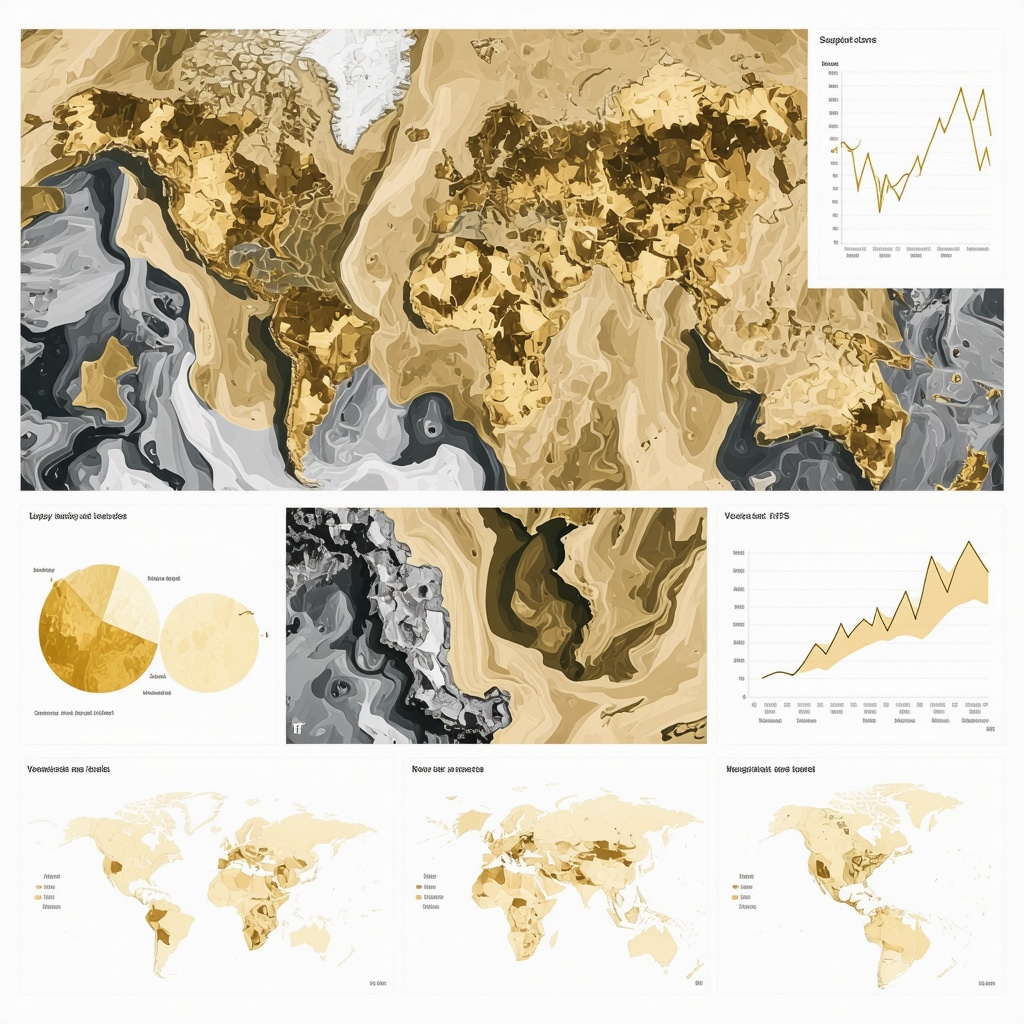 Dashboard displaying satellite imagery and predictive analytics related to gold mining and ETF market trends