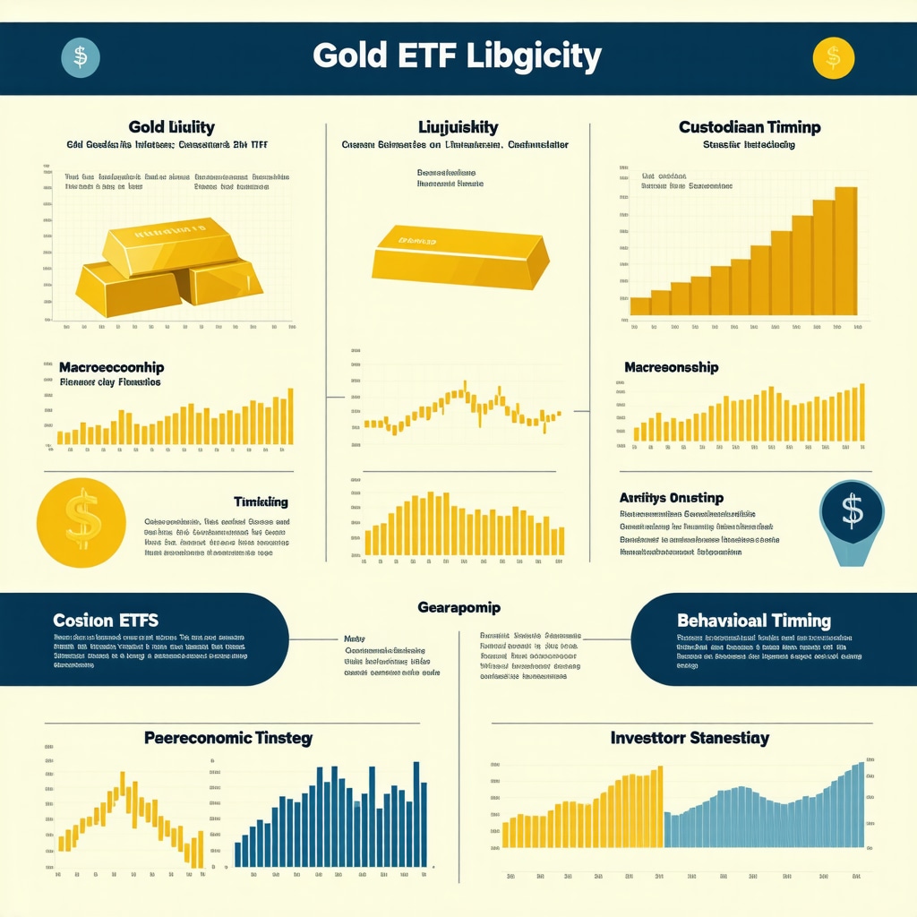 Infographic showing gold ETF liquidity, custody, macroeconomic timing, and behavioral finance concepts