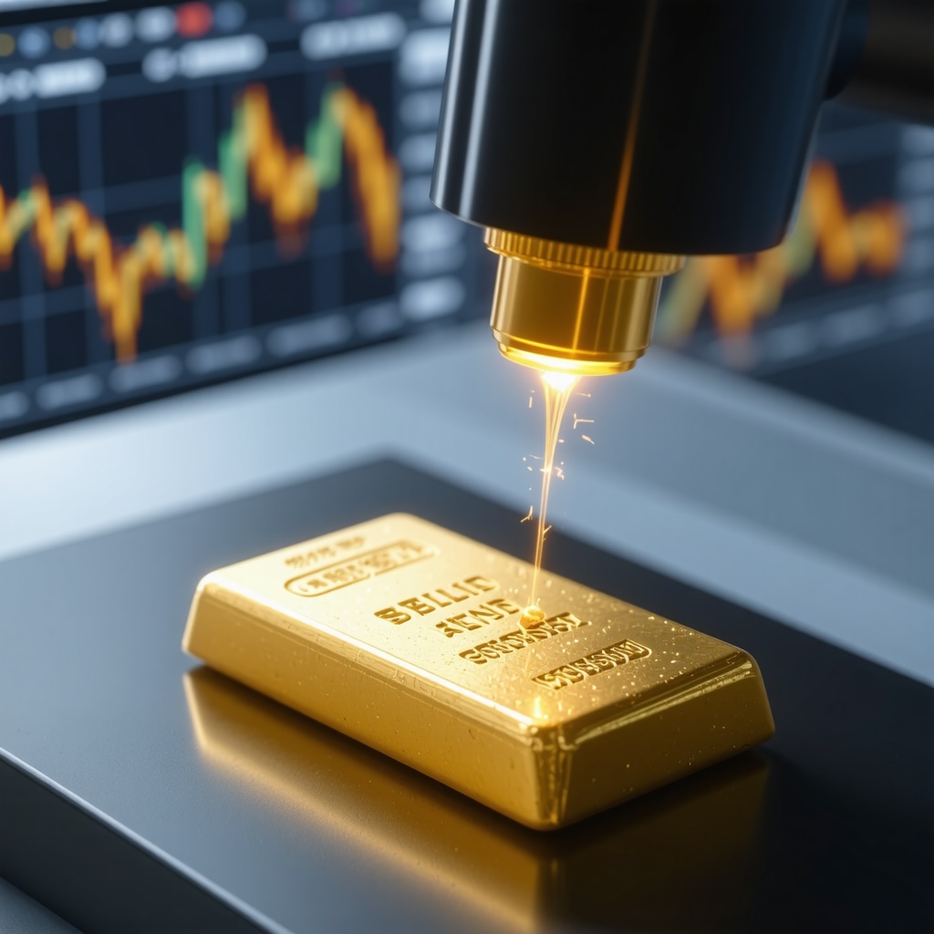 Gold bar being verified by spectral imaging and blockchain ledger interface