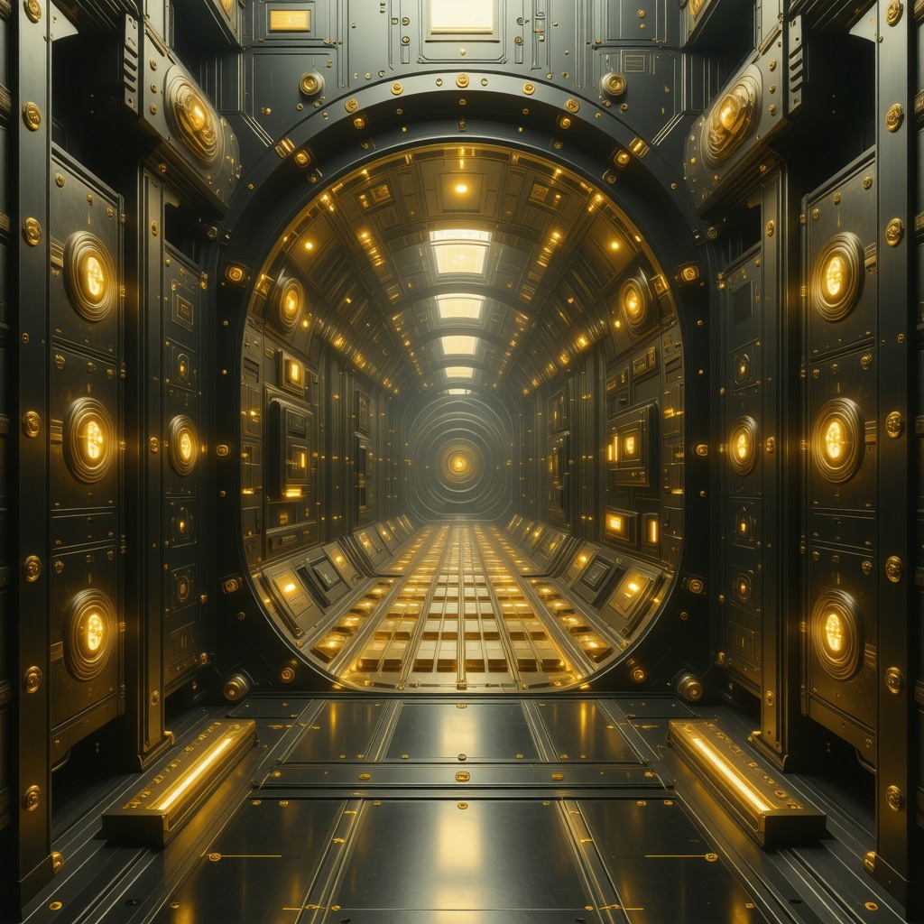 Futuristic gold vault with digital blockchain verification overlays representing modern gold bar authentication and storage technologies