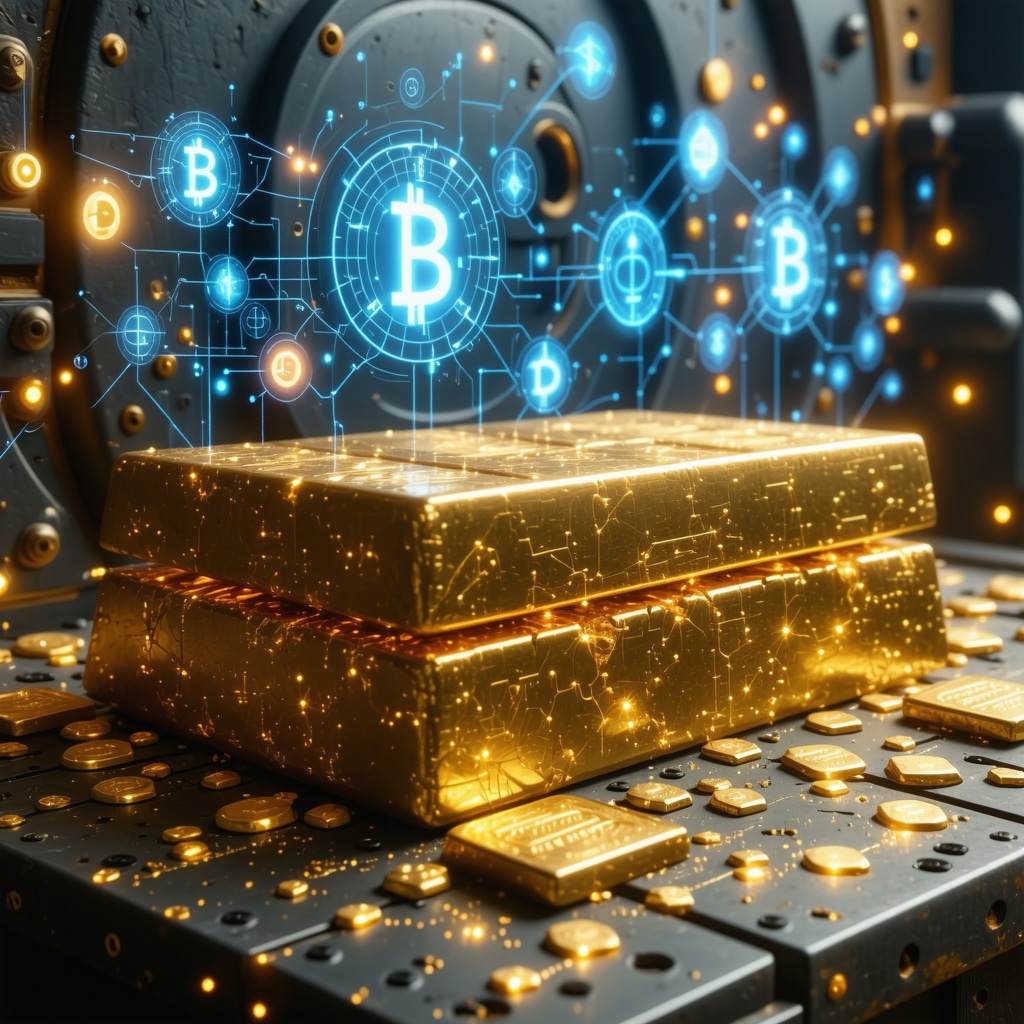 Gold bars in a secure vault with blockchain and AI digital overlays representing modern authentication