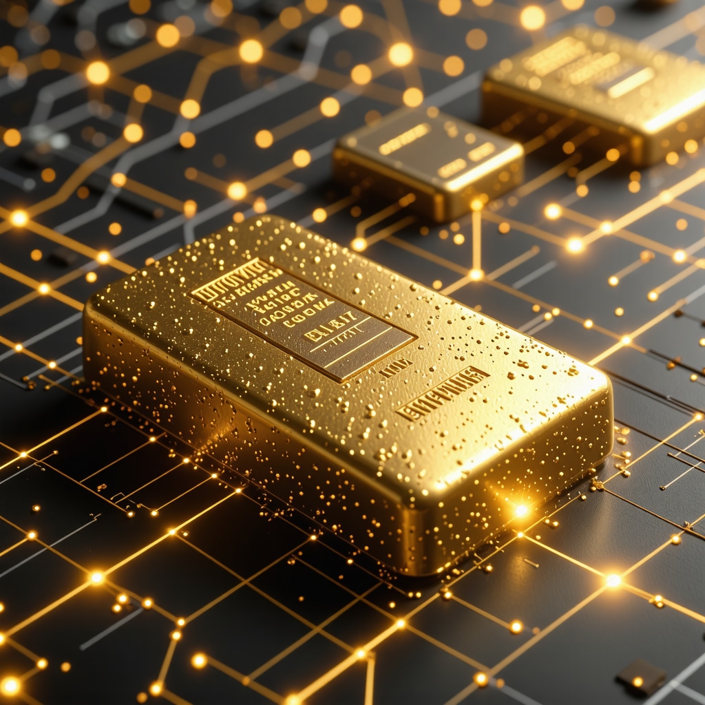 Gold bullion with nanotech markers and quantum computing symbols depicting futuristic authentication