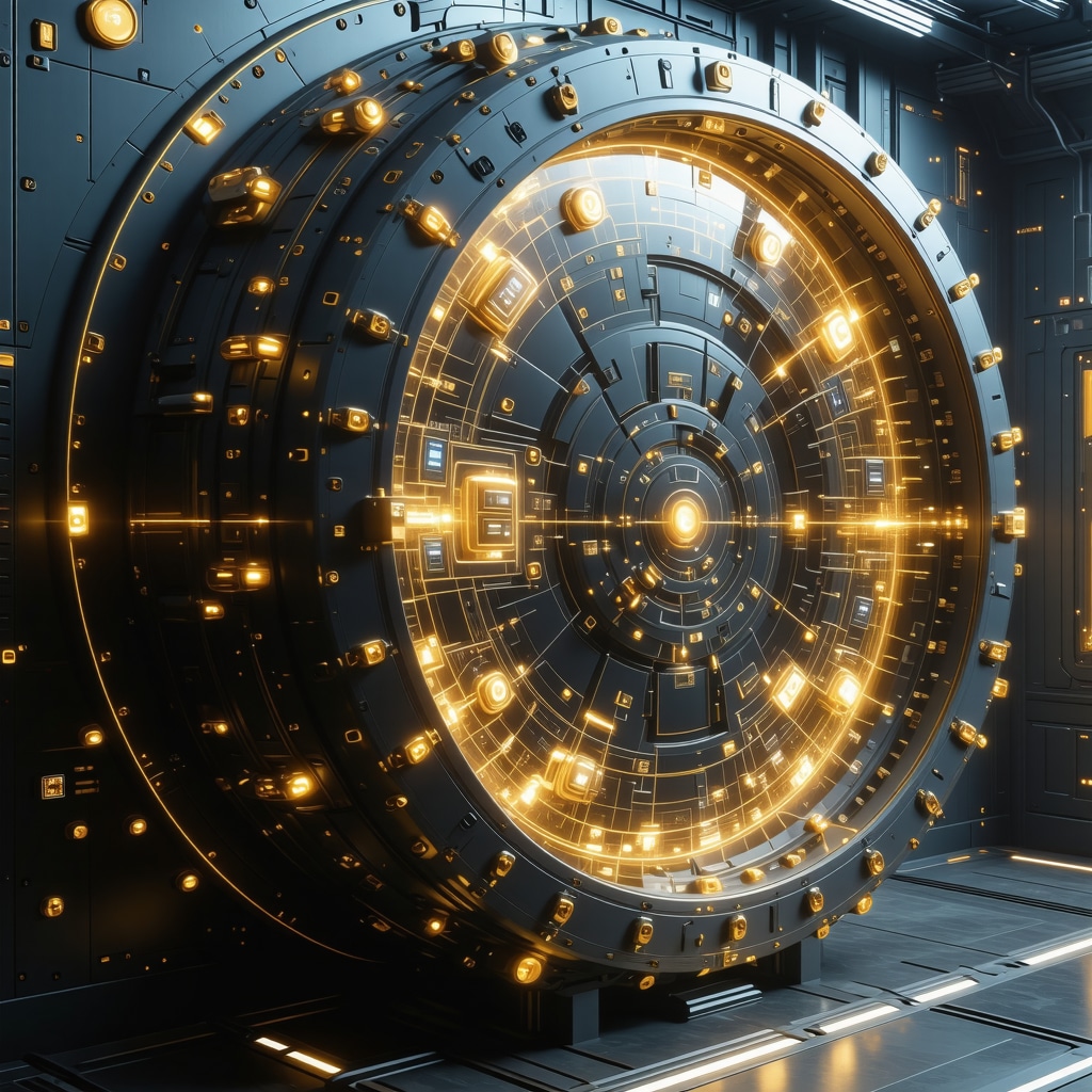 Futuristic vault with biometric and blockchain monitoring for gold bullion security