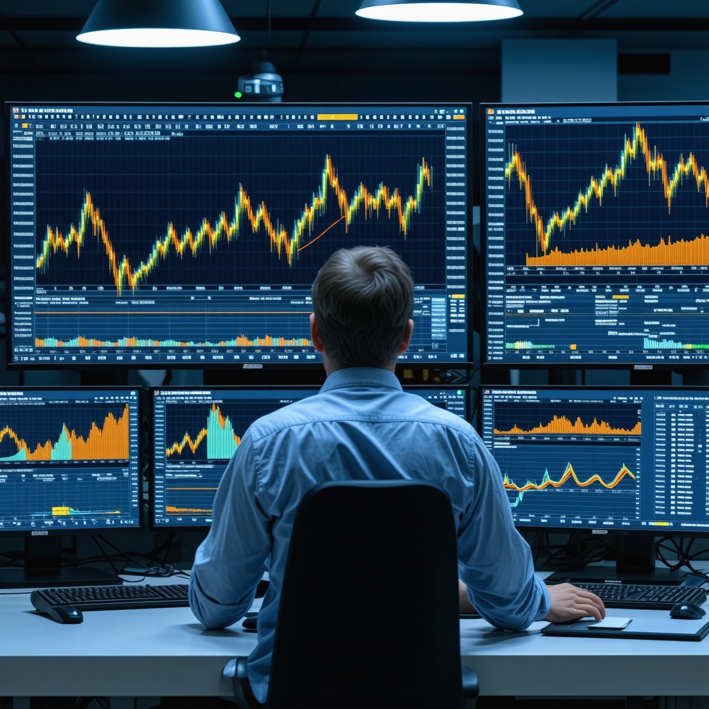 Financial analyst analyzing gold ETF liquidity, derivatives overlays, and ESG data on multiple screens