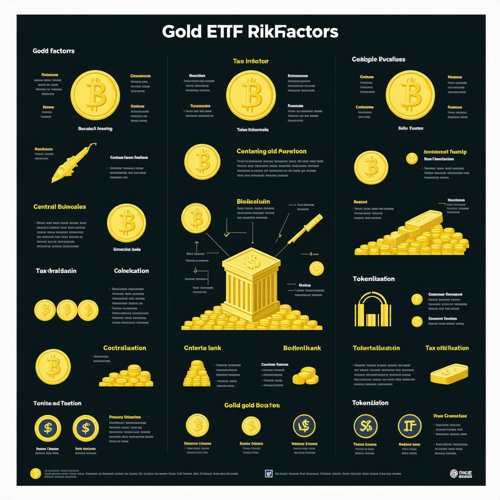 Infographic detailing advanced risks, tax strategies, central bank influence, and blockchain tokenization in Gold ETF investing