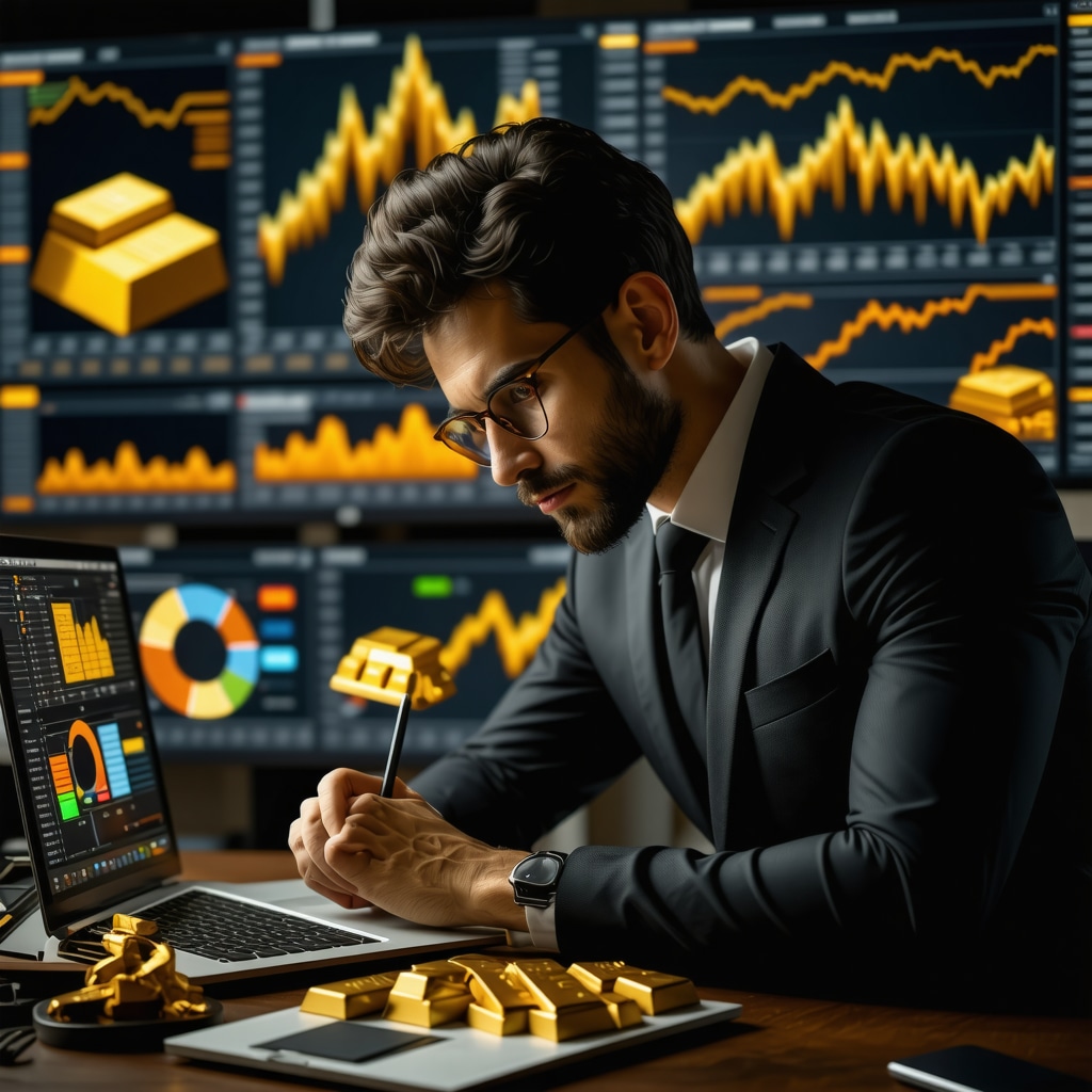 Investor analyzing gold ETF tax and derivative strategies with gold bars and ESG symbols