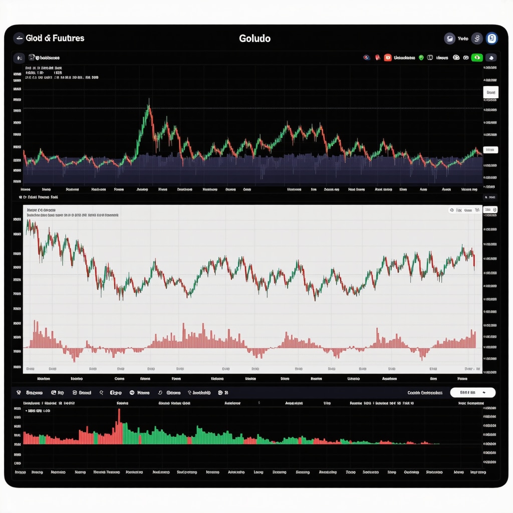Digital dashboard showing gold futures prices, economic indicators, and algorithmic trading tools