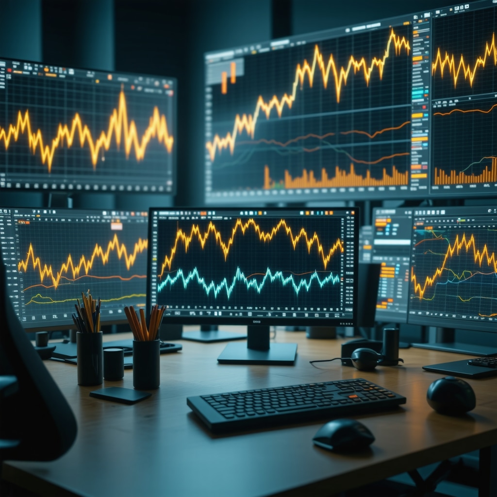Trading desk with screens showing gold futures charts, Commitment of Traders data, and AI sentiment analysis graphics