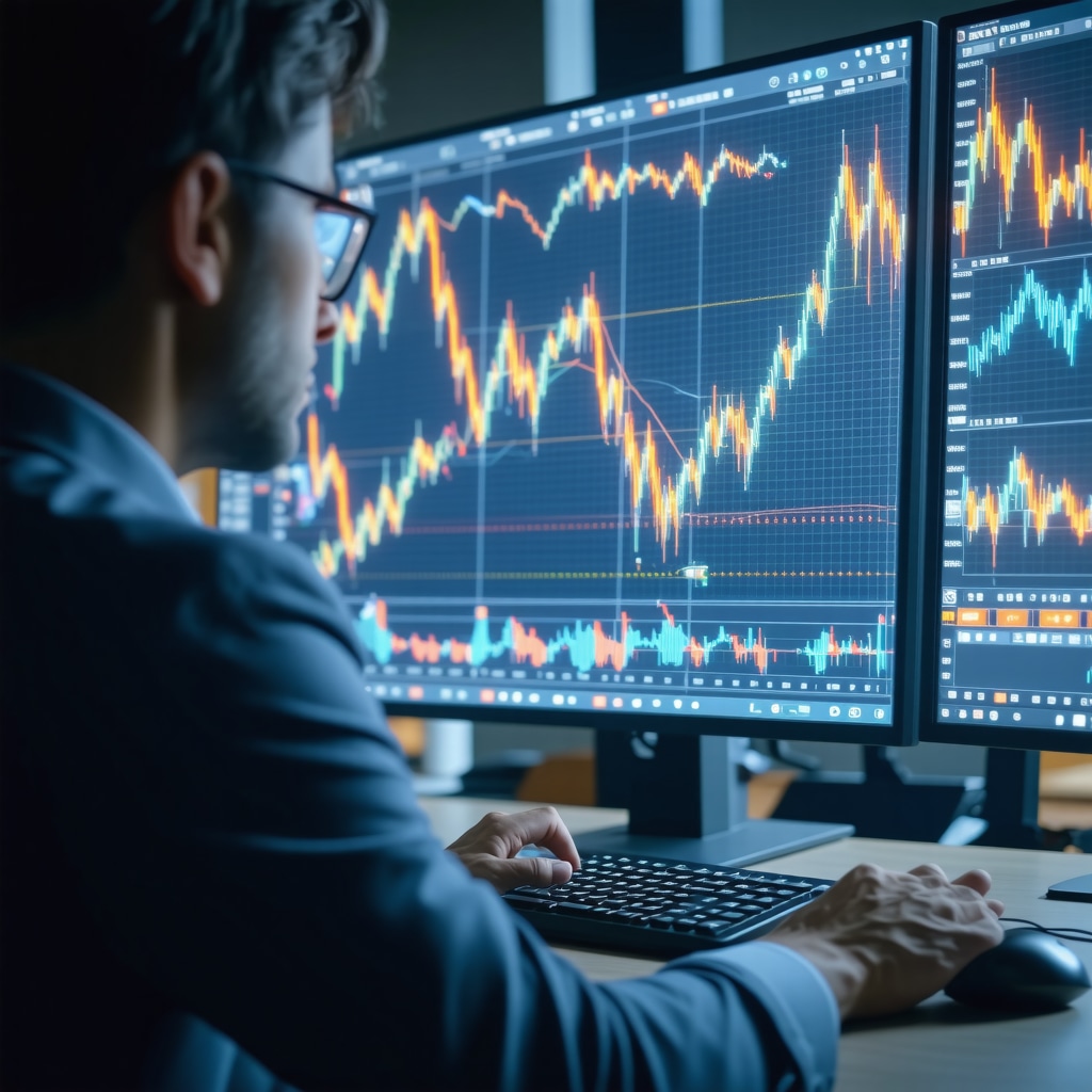 Trader analyzing gold futures charts, algorithmic trading codes, and behavioral finance graphs