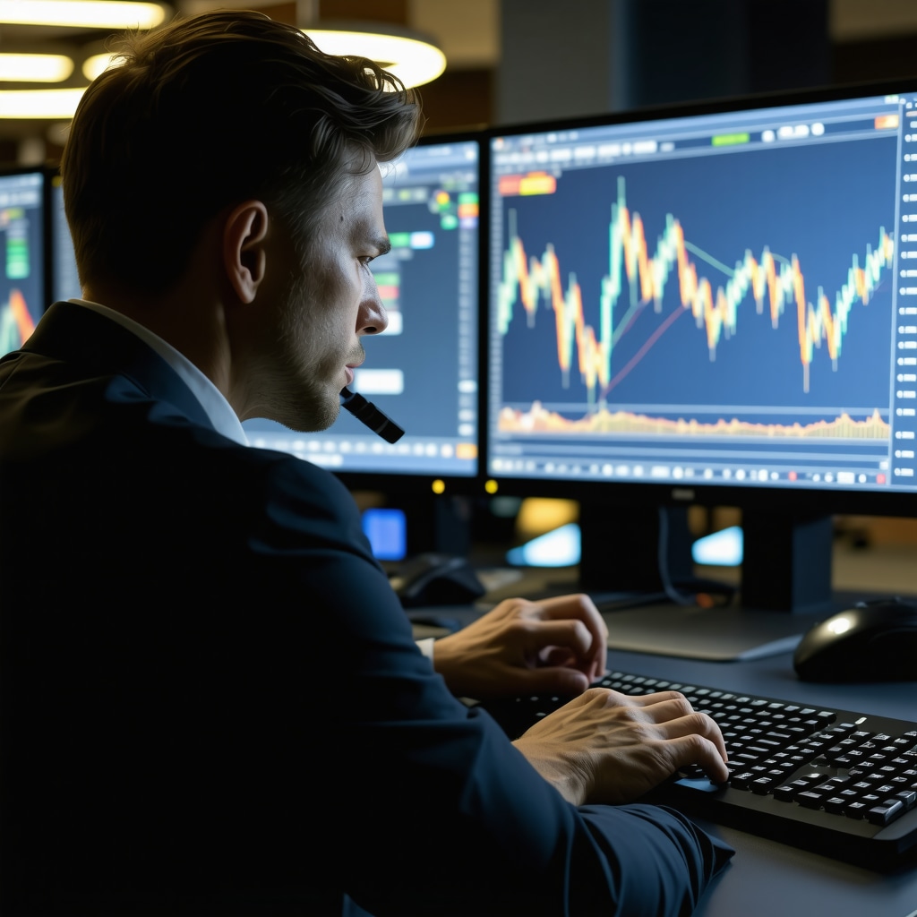 Trader using algorithmic software and multiple screens to analyze gold futures charts